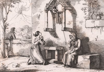 A Daughter Praying to the Madonna for Her Sick Mother, etching by Bartolomeo Pinelli
