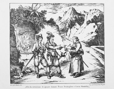 Don Abbondio encounters two Bravi, lithograph for The Betrothed by Alessandro Manzoni by Bartolomeo Pinelli