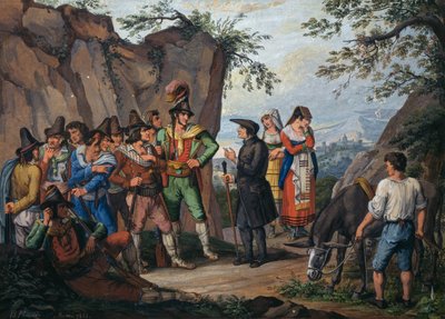 Negotiations for surrender between brigand Gasparone and Archpriest Pellegrini by Bartolomeo Pinelli