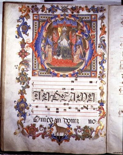 Page with illumination depicting Aegidius (St. Giles) enthroned and surrounded by angels by Bartolomeo di Frusino