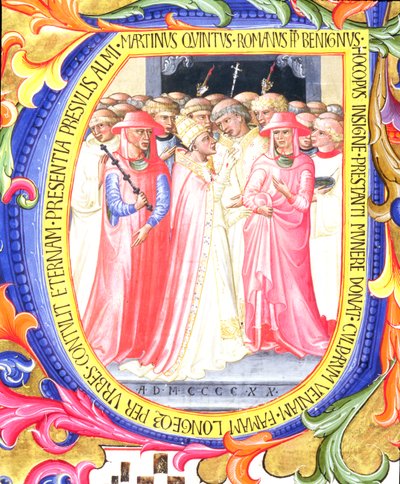 Historiated initial U depicting Pope Martin V consecrating the Church of Sant. Egidio: (detail) by Bartolomeo di Frusino