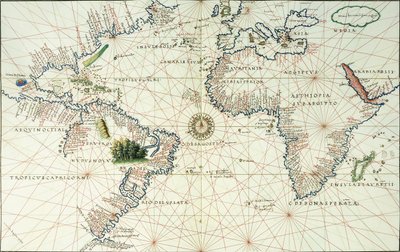 A Double-Page Map of the Atlantic Ocean, Showing the East Coast of North and South America by Battista Agnese
