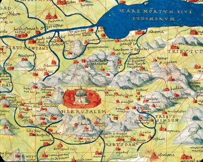 Holy Land, Israel and Palestine: Jerusalem and the Dead Sea, from Atlas of the World in Thirty-Three Maps, by Battista Agnese by Battista Agnese