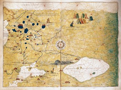 Moschoviae Tabula, Map of Russia and European Cities along the Volga River by Battista Agnese