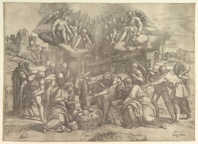 The Adoration of the Shepherds with angels overhead by Battista Franco Veneziano