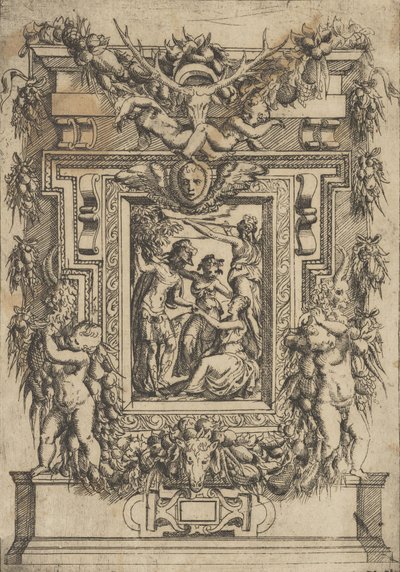 A young man offers his hand to a seated woman, another woman stands between them, ca. 1540-80 by Battista del Moro