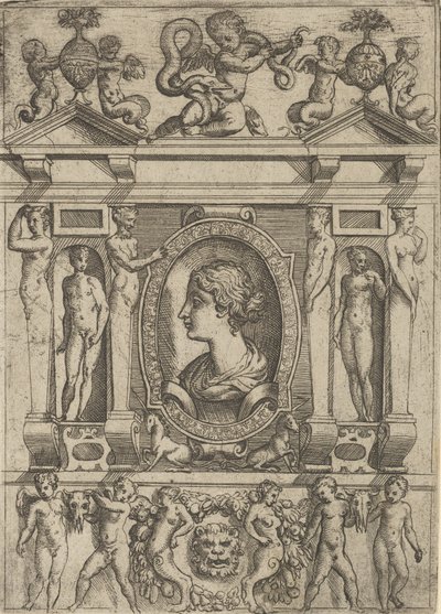 Bust of a Woman in Profile Facing Left, Set in an Elaborate Frame with Figures by Battista del Moro