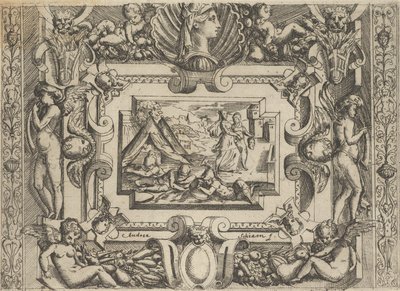 Judith and maidservant with the head of Holofernes, set within an elaborate frame, c. 1540-1580 by Battista del Moro