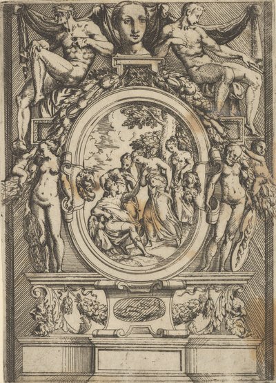 The Judgment of Paris, Man Seated at Left Reaches Out to a Woman Who is Flanked by by Battista del Moro