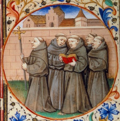 Scene of monastic life. Detail representing monks of the Order of Franciscans. Miniature taken from 