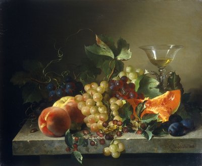 A Still Life with Fruit on a Stone Ledge by Bela Schaffer