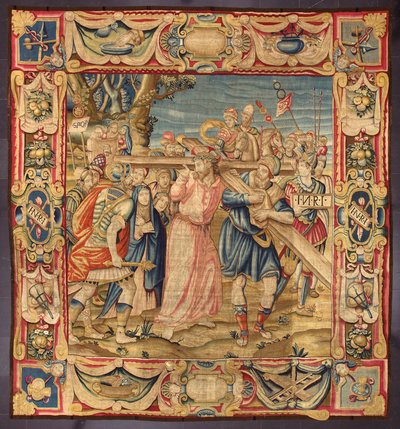 Christ and Simon of Cyrene (the Cyrenean). (Fifth stop of the Way of the Cross (carrying the cross). A piece of the cross bears the inscription I.N.R.I. (INRI). Tapestry made in the manufactures of Brussels. 16th century Genes, Musei di Strada Nuova by Belgian School