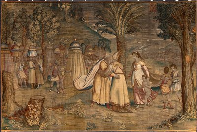 Jethro accompanied his daughter Sephora and his children met Moses. Tapestry by Dionys Martensz after the cartoons of Luca Cambiaso (1527-1584) produced by the manufactures of Brussels by Belgian School