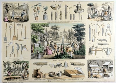 Educational depiction of gardening, with illustrations of garden tools and scenes showing the appropriate activities for each season by Belin and Bethmont