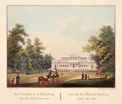 Het Paviljoen te Jaarlem, van den Hout af te zien. Vue du Pavillon de Harlem, prise du Bois by Bendrik Greeven