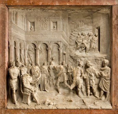 Crypt, Ark of Saints Marcellinus and Peter Exorcist, Benedetto Briosco 1506-08, Saints Marcellino and Peter Before the Judge by Benedetto Briosco