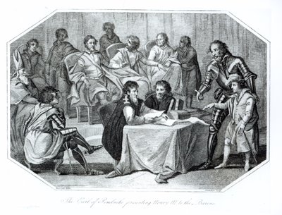 The Earl of Pembroke Presenting Henry III to the Barons, 1216 engraved by Saunders by Benezach