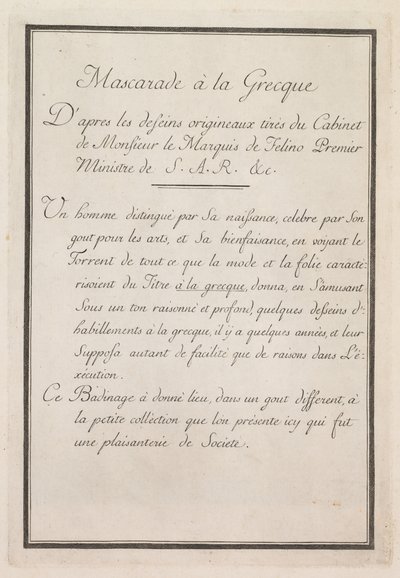 Masquerade à la Grecque: Title Page Plate 1 by Benigno Bossi