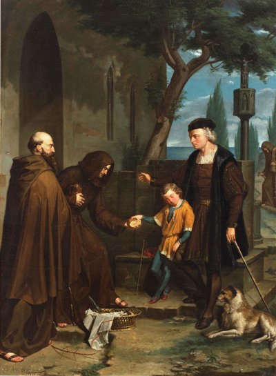 Columbus at the doors of the convent of Santa Maria de la Rabida asking for bread and water for his son by Benito Mercade y Fabregas