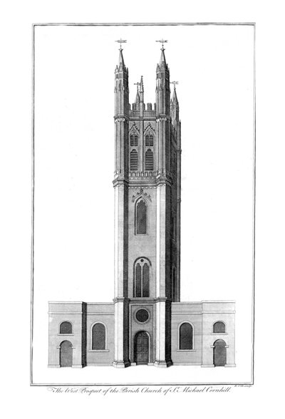 The West Prospect of the Parish Church of St. Michael Cornhill, 1756 by Benjamin Cole