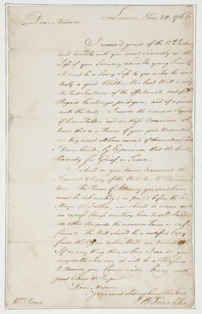 Autograph letter to Mrs. Ann Penn, London, 20th November 1766 by Benjamin Franklin