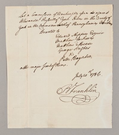 Commission of bankruptcy, 20th July 1786 by Benjamin Franklin