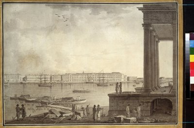 View of the Winter Palace and the Stock Exchange in Saint Petersburg. Work by Benjamin Paterssen, pencil and ink on paper, circa 1790. Swedish art by Benjamin Patersson
