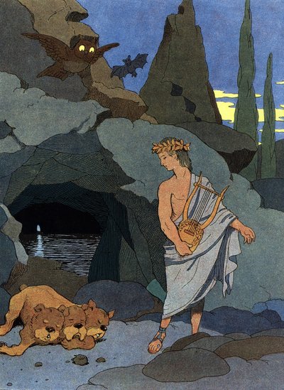 Orpheus and his lyre put to sleep Cerberus the dog with three heads by Benjamin Rabier