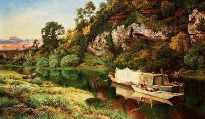 A River Landscape with a Fisherman Making Eel Traps by Benjamin Williams Leader