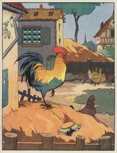 Cockerel and Hens in a Farmyard by Benjamin Rabier