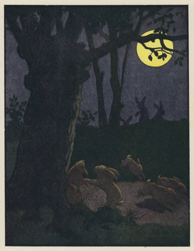 Rabbits Beneath a Tree on a Moonlit Night by Benjamin Rabier