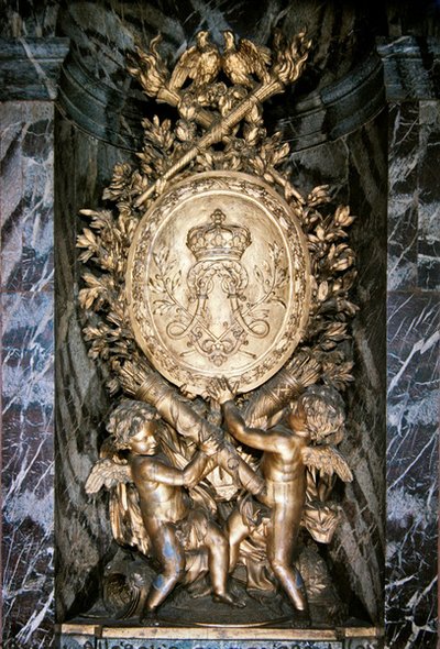 Sculpture on the landing of the Escalier de la Reine celebrating symbolically the marriage of Louis XIV and Marie-Therese of Austria by Benoit or Massou Masson