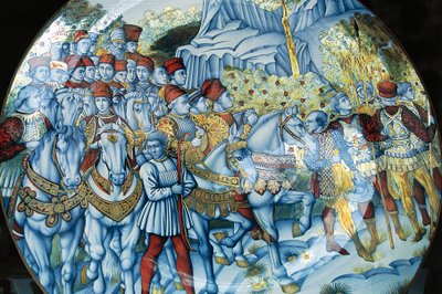 Majolica plate depicting Procession of Magi, by Benozzo Gozzoli, Gualdo Tadino handicrafts, Umbria, Italy by Benozzo di Lese di Sandro Gozzoli