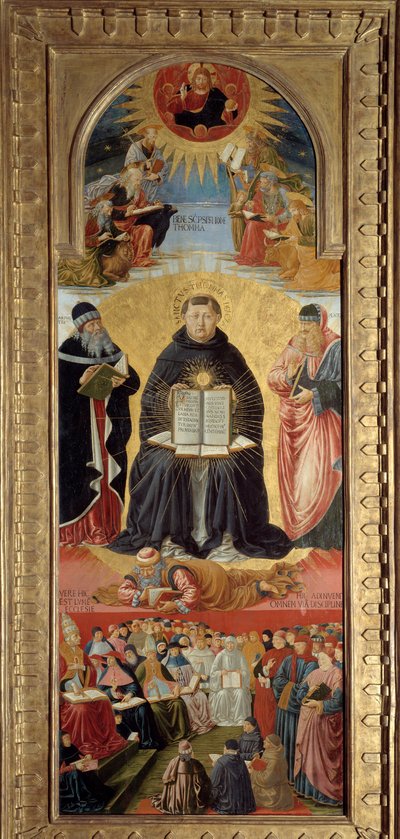 The triumph of St. Thomas Aquinas surrounded by Plato and Aristotle, with William of Saint-Amour at his feet and Christ blessing the evangelists above by Benozzo di Lese di Sandro Gozzoli