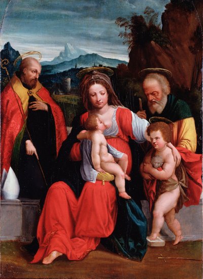 The holy family with St John the Baptist as a child and a bishop by Benvenuto Tisi da Garofalo