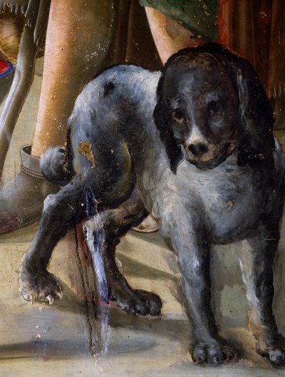 Dog (detail) from Nativity of Jesus, ca 1470 by Benvenuto di Giovanni