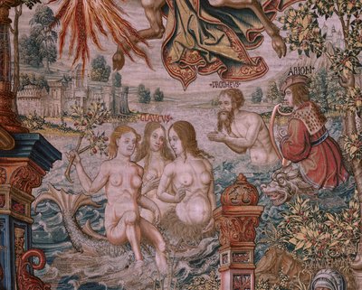 Flemish tapestry. Series The Honours. Fame. Third tapestry in the series. Model Cartoonists from the circle of Bernard van Orley and Jan Gossaert (Mabuse). Manufacture Pieter van Aelst, Brussels. Ca 1550. Fabric Gold, silver, silk and wool. by Bernaert van (circle of) Orley