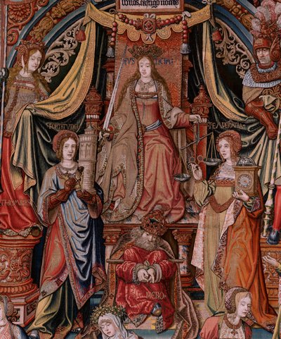 Flemish tapestry. Series The Honours. Justice. Ninth tapestry in the series. Model Cartoonists from the circle of Bernard van Orley and Jan Gossaert (Mabuse). Manufacture Pieter van Aelst, Brussels. Ca 1550. Fabric Gold, silver, silk and wool. by Bernaert van (circle of) Orley