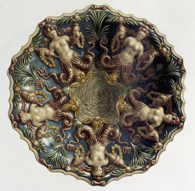 Dish with sirens - in "The work of Bernard Palissy" by C. Delange and C. Borneman, ed. Delange, Paris by Bernard (after) Palissy