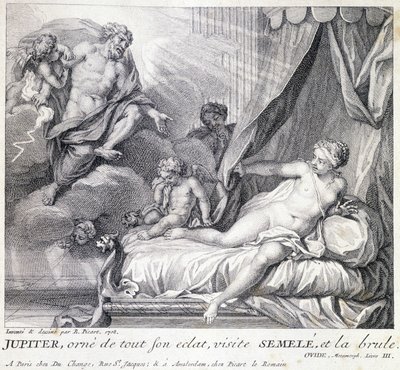 Jupiter (Zeus) burns Semele with his lightning. Engraving of the 18th century after the drawing of B. Picart made in 1708. by Bernard (after) Picart