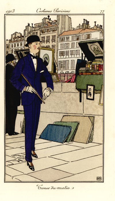 Man in suit, bowler hat and cane walking past bouquinistes on the Seine. Tenue du matin. Handcoloured pochoir etching after an illustration by Bernard Boutet de Monvel from Tommaso Antongini’s Journal des Dames et des Modes, Aux Bureaux du Journal by Bernard Boutet de Monvel