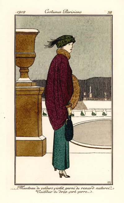 Woman in violet velvet cape trimmed with fox fur, suit of bottle-green wool by Bernard Boutet de Monvel