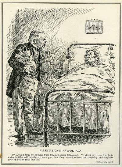 Dr Lloyd George Proposes to Cure the Sufferer from the Unemployment Epidemic with Four Hot Water Bottles, 