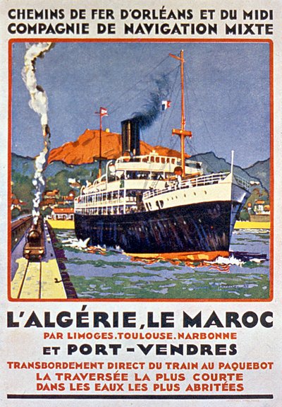 Advert Poster for French Railway to Algeria and Morocco from France via Limoges Toulouse Narbonne and Port Vendres c. 1900 by Bernard Lachevre