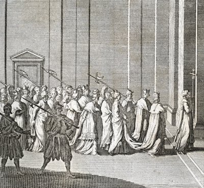 Different Stages of the Conclave, Meeting of Cardinals for the Election of a New Pope: The Entrance of the Cardinals in the Sistine Chapel (Vatican: Entrance of the Cardinals) Engraving from 