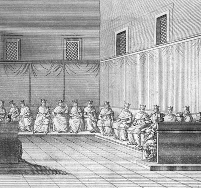 Different stages of the conclave, meeting of cardinals for the election of a new pope: first congregation of the cardinals (Election of the new pope during the conclave in the Sistine Chapel, Vatican: first congregation of the cardinals) Engraving by Bernard Picart
