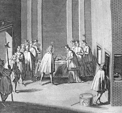 Different stages of the conclave, meeting of cardinals for the election of a new pope: election of the new pope during the conclave in the Sistine chapel, Vatican: food is checked during the conclave) Engraving from Illustration of religious ceremonies by Bernard Picart