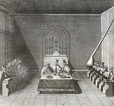 Different stages of the conclave, meeting of cardinals for the election of a new pope: the election of the new pope during the conclave in the Sistine chapel, Vatican: ballots of the cardinals for the election of the pope) Engraving from Illustration by Bernard Picart