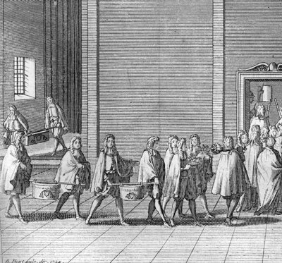 Different stages of the conclave, meeting of the cardinals for the election of a new pope: the rations are made during the conclave (Vatican: arrival of food during the conclave) Engraving from Illustration of religious ceremonies and customs of all people by Bernard Picart