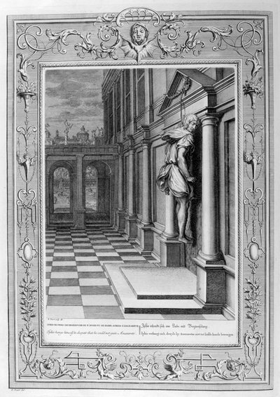 Iphis hangs himself in despair that he could not gain Anaxarete, 1733 by Bernard Picart